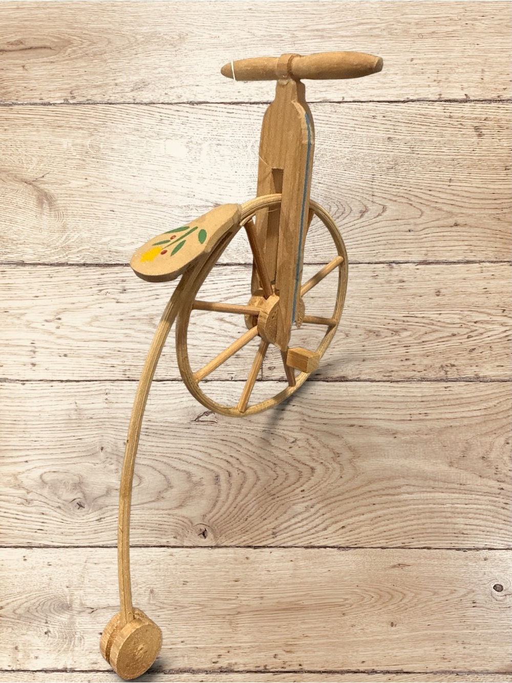 Vintage Wooden Unicycle Christmas Ornament Folk Art Hand Painted 7”